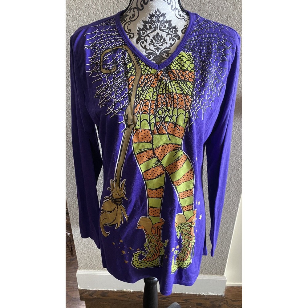 M&C Sportswear Halloween Shirt Long Sleeve Purple Witch Broom T-shirt Top